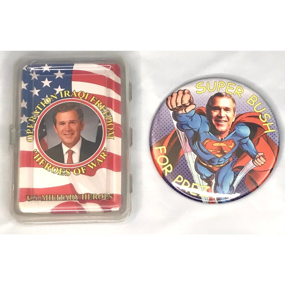 George W. Bush Lot 2 Memorabilia, Super Bush Pin Button & Heroes Of War Cards